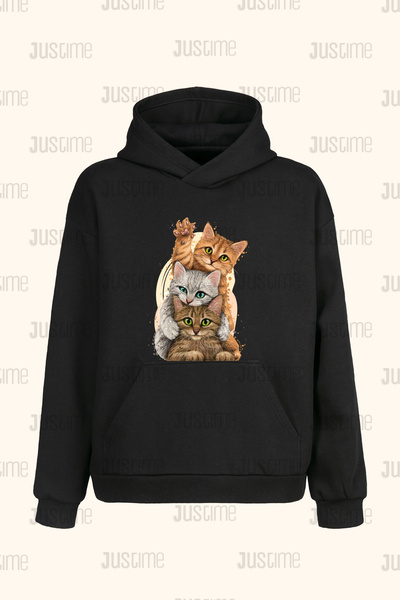 Justime Design Cute Cats Front Print Unisex Black Pocket Hooded Sweatshirt - ...