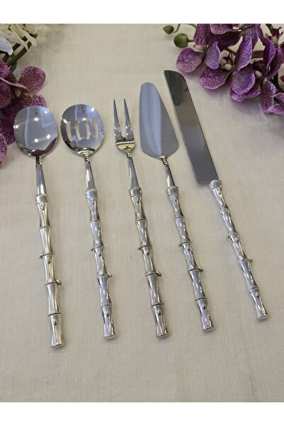 AlyaHomeAksesuar Bamboo 5 Piece Serving Spoon Set Silver