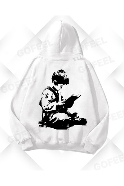 Gofeel Hanorac unisex supradimensionat cu imprimeu inimioare alb pentru copii