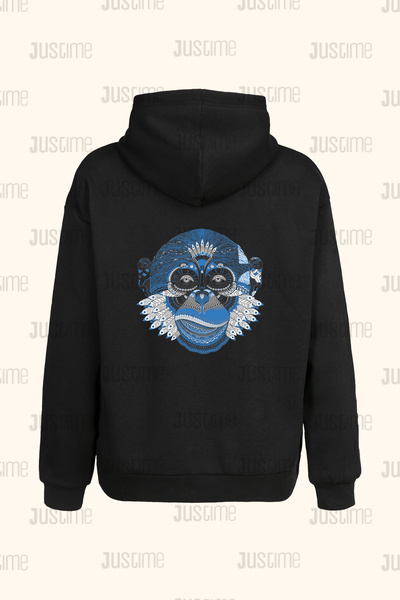 Justime Design Monkey Back Print Unisex Black Pocket Hooded Sweatshirt - 2 Th...