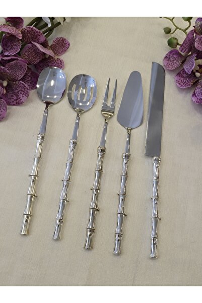 AlyaHomeAksesuar Bamboo 5 Piece Serving Spoon Set Silver