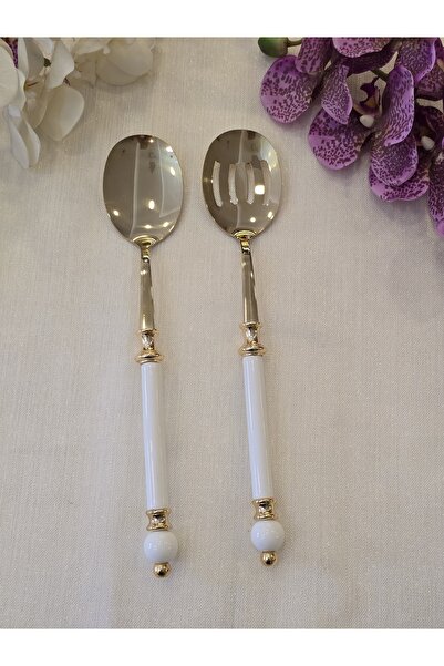 AlyaHomeAksesuar 2 Piece Rustic Porcelain Salad Serving Spoon Set All Gold