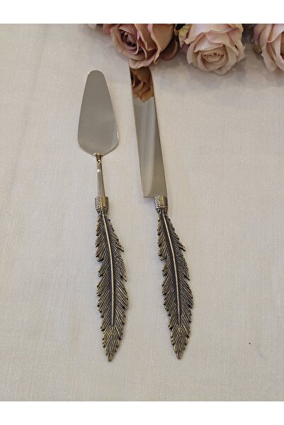 AlyaHomeAksesuar Feather 2 Piece Cake Serving Spoon Set Antique Titanium