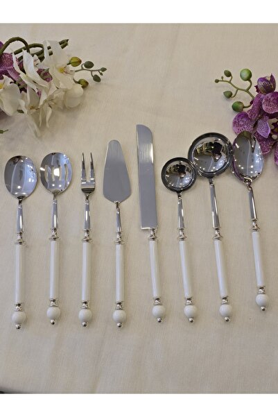 AlyaHomeAksesuar 8 Piece Rustic Porcelain Serving Spoon Set Silver