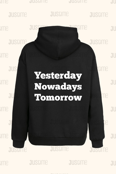 Justime تصميم Yesterday سترة بغطاء للرأس بطباعة خلفية للجنسين باللون الأسود م...