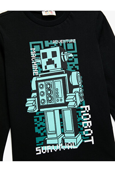 Koton Βαμβακερό μπλουζάκι με μακρυμάνικο λαιμόκοψη με στάμπα ρομπότ