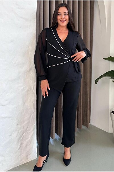 FOR ESRA BIG TREND Γυναικείο Σετ βραδινό φόρεμα 2 τεμαχίων με μακρύ μανίκι από σιφόν, λεπτομέρεια με πέτρινη ρίγα στο λαιμό, ελαστική μέση