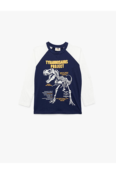 Koton Uzun Kollu Bisiklet Yaka Dinozor Baskılı Pamuklu Tişört