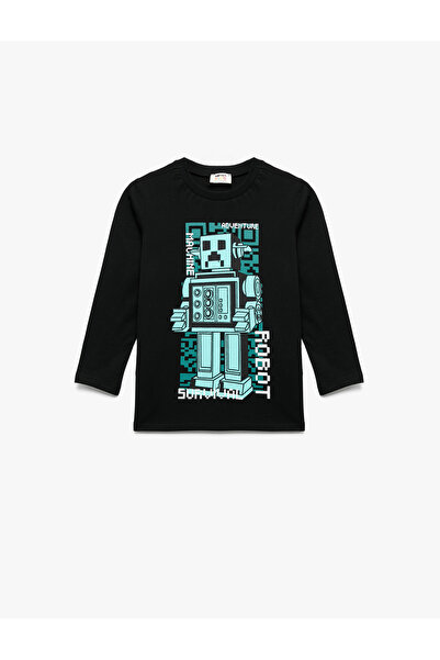 Koton Βαμβακερό μπλουζάκι με μακρυμάνικο λαιμόκοψη με στάμπα ρομπότ
