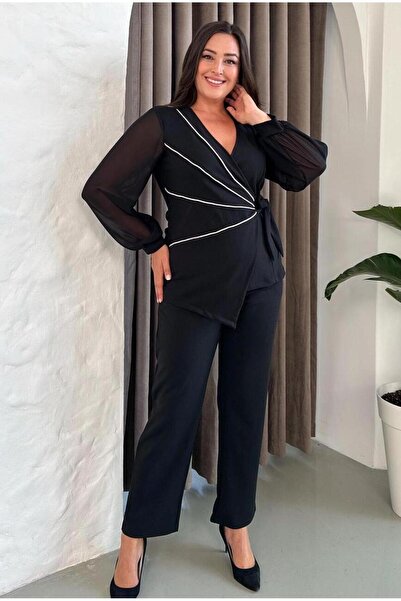 FOR ESRA BIG TREND Γυναικείο Σετ βραδινό φόρεμα 2 τεμαχίων με μακρύ μανίκι από σιφόν, λεπτομέρεια με πέτρινη ρίγα στο λαιμό, ελαστική μέση