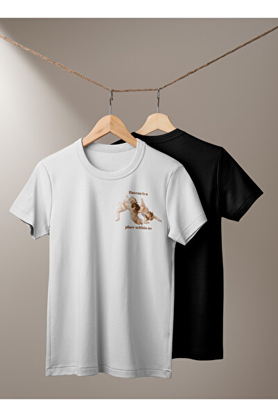 Melekler Baskılı Basic T-Shirt Erkek %100 Pamuk