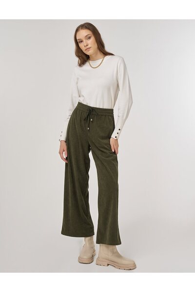 Kayra Relaxed Fit Velvet Trousers Khaki