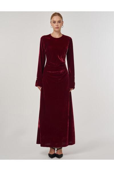 Kayra Stone Detailed Velvet Stylish Dress Burgundy