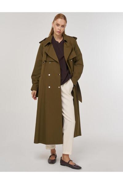 Kayra Belted Long Trench Coat Khaki