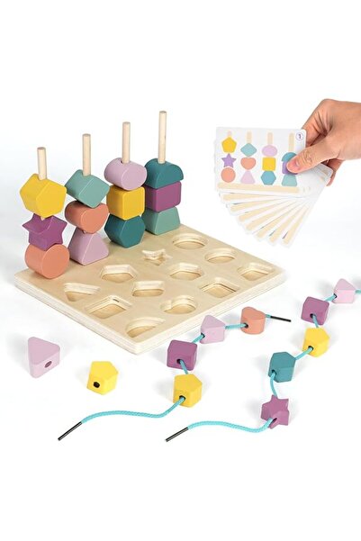 sallma Jucarie educativa din lemn cu forme geometrice, sortare, stivuire si sireturi pentru dezvoltarea mot