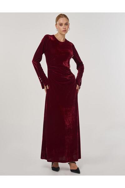 Kayra Stone Detailed Velvet Stylish Dress Burgundy