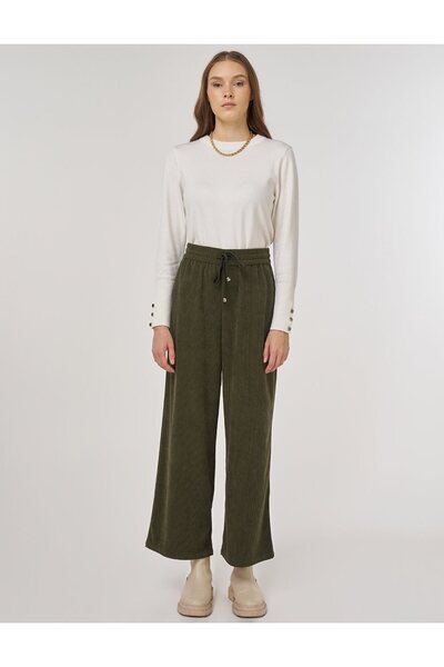 Kayra Relaxed Fit Velvet Trousers Khaki