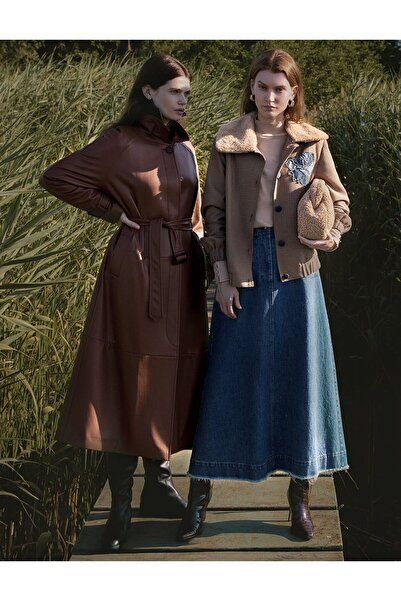 Kayra Faux Leather Trench Coat with Stitching Detail Tan