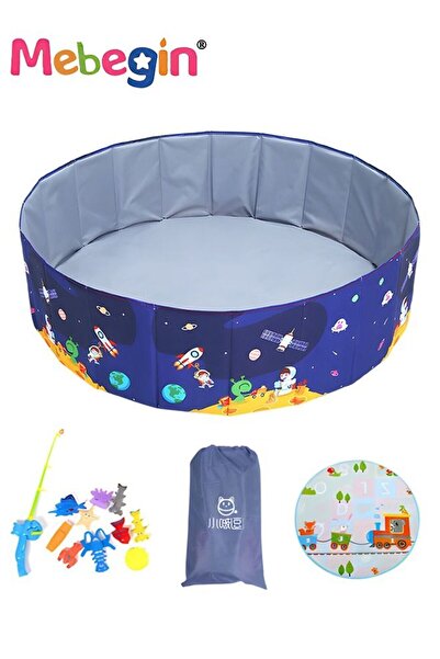MEBEGIN مجموعة حوض كرات دائري للأطفال، حوض سباحة قابل للطي مع 11 قطعة لعبة صيد، حصيرة زحف ومساحة تخزين واحدة