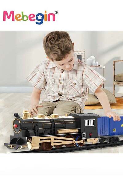 MEBEGIN Electric Model Train Set for Kids, Engine Cargo Car with Long Track, Classic Train Set with
