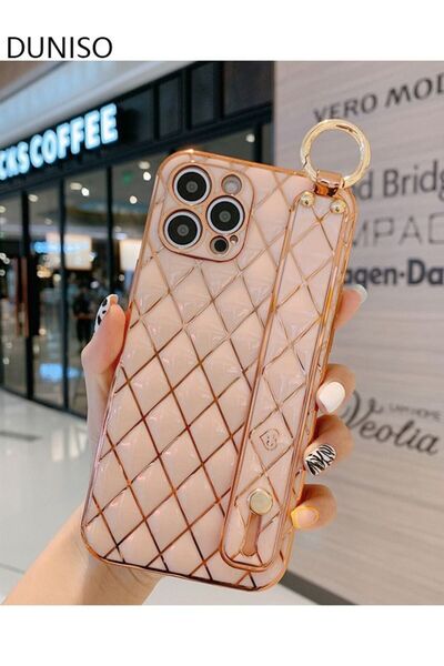 fun zone DUNISO For iPhone 14 Pro Case Soft TPU Gold Bumper with Adjustable Wristband Kickstand Case