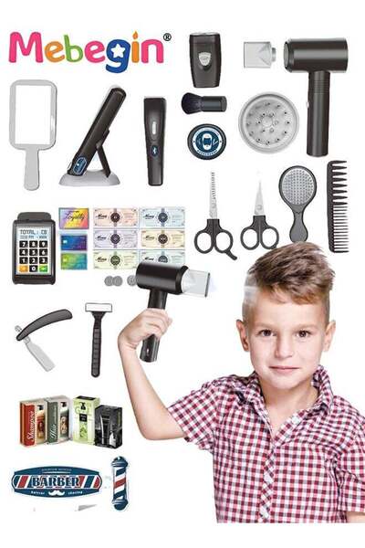 MEBEGIN 25 Pcs Barber Shop Pretend Play Set Shaving Toy for Boys, Beauty Hair Salon Toy Kit with Rea