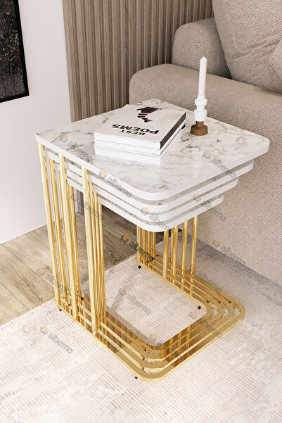 usta mekan Orkide Tekerlekli 4 Lü Zigon Sehpa Gold- Beyaz Mermer Mdf