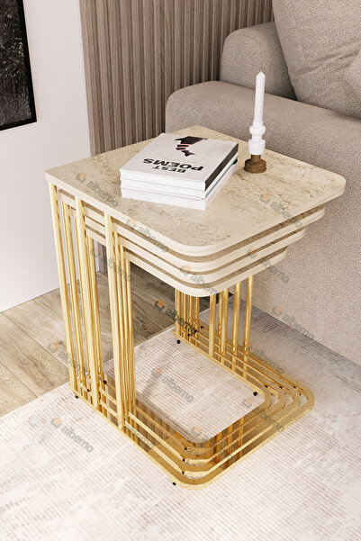 usta mekan Orkide Tekerlekli 4 Lü Zigon Sehpa Gold - Traverten