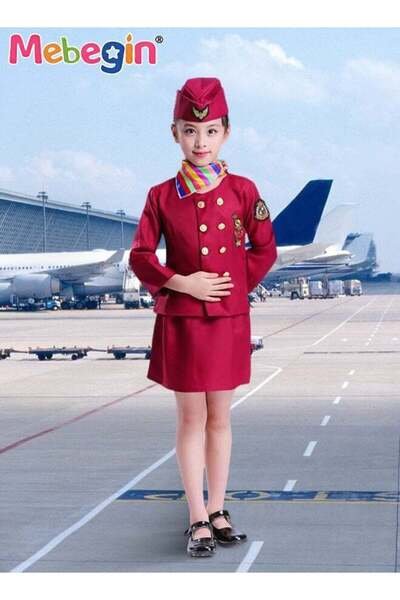 MEBEGIN 4PCS Flight Attendant Suit, Stewardess Uniform Set with Top, Skirt, H...