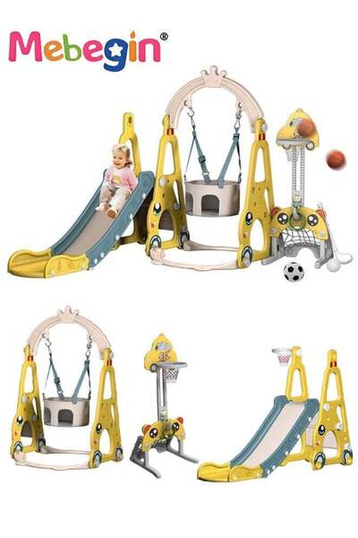 MEBEGIN 7 in 1 Slide and Swing Set with Basketball Hoop, Golf, Soccer and Ring Toss Games, Baby Slid