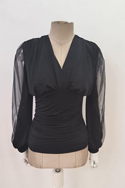 Mossta Μπλούζα με μανίκια από τούλι με λαιμόκοψη V από ύφασμα Sandy - Μαύρο