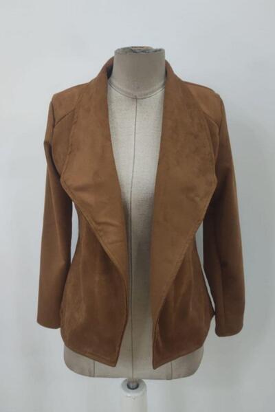 Mossta Open Front Collared Suede Jacket - Brown