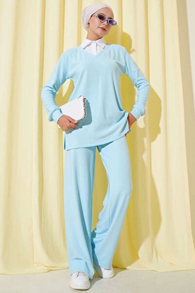 Alfanora طقم ثنائي فضفاض بياقة قميص مضلع باللون الأزرق الجليدي T4300