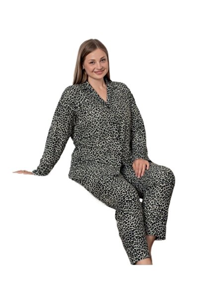 bipamuk Giovanna Leopard Suede Shirt Collar Winter Plus Size Women's Pajama Set Soft Textured 3Xl/6Xl