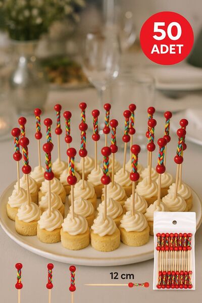 Open Home Concept 50 Adet - Şık Sunumlar İçin 12 cm Dekoratif Kırmızı Örgülü Bambu Kürdan – Parti ve Davet Kürdanı