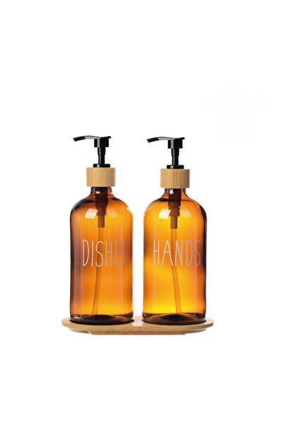 Depa Amber Glass Double Liquid Soap Dispenser Set 500 ml with Bamboo Base