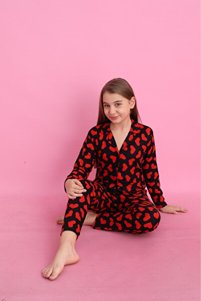 Minimoon Girl's Cotton Heart-Patterned Suede Pajama Set