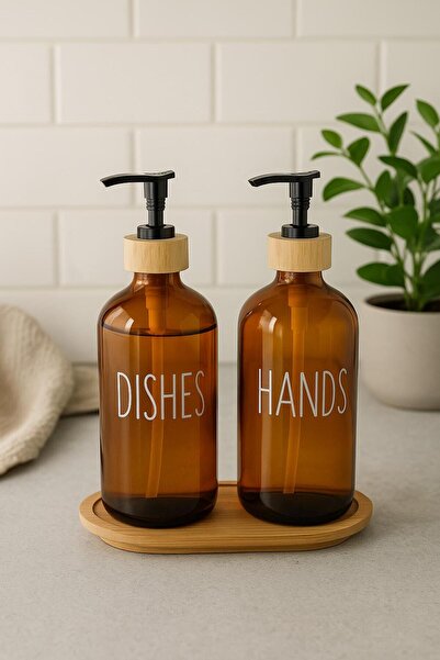 Depa Amber Glass Double Liquid Soap Dispenser Set 500 ml with Bamboo Base