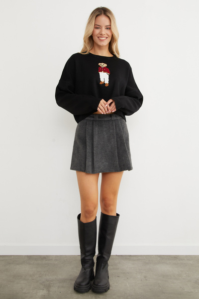 Fulla Moda Pulover crop oversize cu broderie cu ursuleț