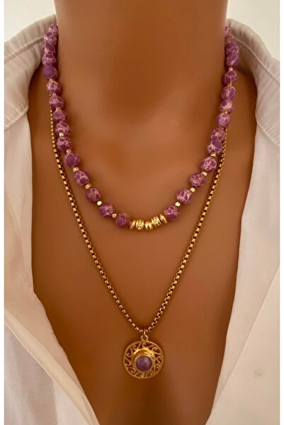 TARZ-I TAKI * 2 KOLYE * DOĞAL TAŞ Mor Küre Varisit ÇELİK ZİNCİR Altın Kaplama...