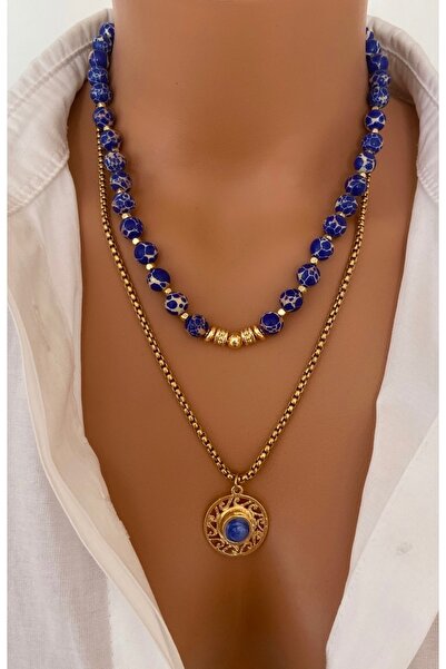 TARZ-I TAKI * قلادةان * حجر طبيعي، سلسلة فولاذية من الفولاذ المقاوم للصدأ بلو...