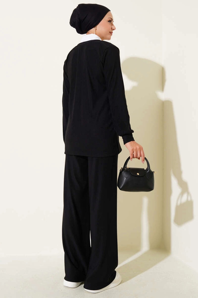 Işıltı kidss Shirt collar ribbed loose double set black t4300