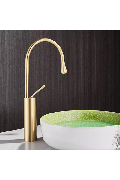 BisDesign ® Bathroom Sink/Bathtub Faucet, Matte Gold Color, Modern Model, Thin Spout, Size 47 cm