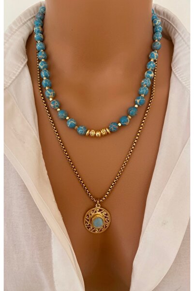 TARZ-I TAKI قلادة من الحجر الطبيعي بتصميم الكرة الزرقاء مع سلسلة فولاذية مطلي...