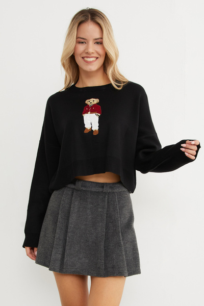 Fulla Moda Ayıcık Nakışlı Oversize Crop Kazak