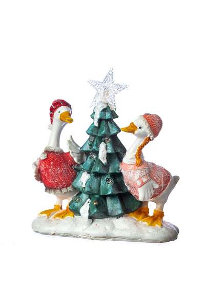 OEM Decoratiune Craciun din rasina, doua gaste cu brad de Craciun, 15cm