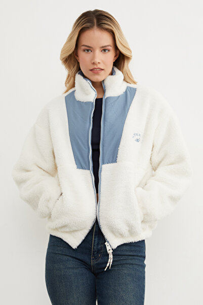 Fulla Moda Palton de pluș cu guler înalt și buzunare cu broderie text