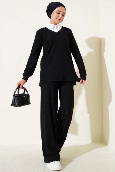 Işıltı kidss Shirt collar ribbed loose double set black t4300