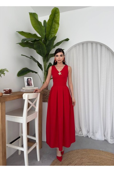 ETİKAFASHION Yıldız Aksesuar Detaylı Atlas Pileli Elbise