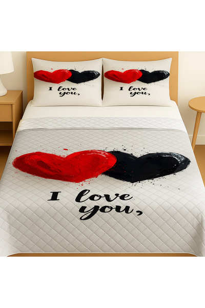 Else Dekor Love You Hearts Patterned Double Pique Set Bedspread